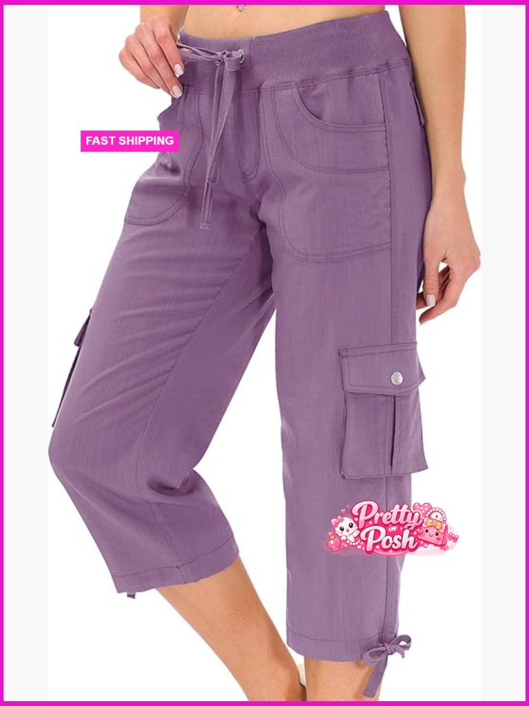 Loose Fit Cargo Capri Pants With Pockets For Hiking Casual Wear